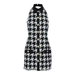 BALMAIN BUTTONED HALTERNECK TWEED & SATIN DRESS FF1R3350MH37EAB