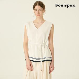 [보니스팍스(여성의류)]V넥 배색 셔링 코튼 나시 블라우스 (XP7SH012M0)