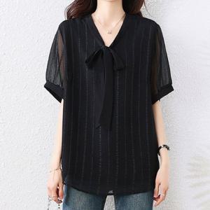 [블랙퀸] 시스루소매 빅사이즈 리본 블라우스 blk003510