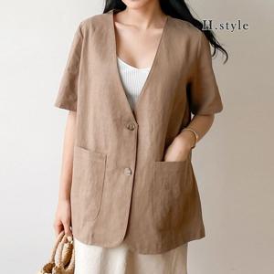 H스타일(TK)린넨싱글브이반팔자켓/봄/여름/자켓/점퍼/JK/린넨/마/아우터