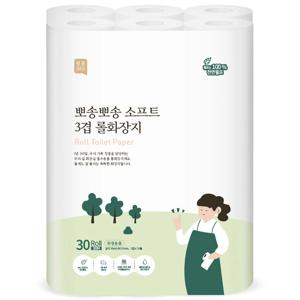 천연펄프 3겹 두루마리 휴지 30m 30롤 롤 화장지 무형광 무색소 물에잘녹는 롤휴지