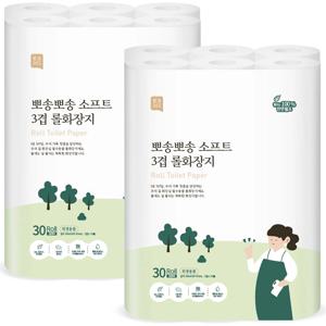 천연펄프 3겹 두루마리 휴지 30m 30롤 x 2팩 롤 화장지 무형광 무색소 물에잘녹는