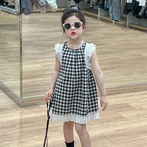 더블 레이스 숄더 체크 원피스 R14558