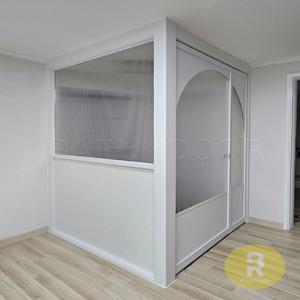 ㄱ자중문 파티션 초슬림유압 비대칭양개스윙 아치형 고시형 화이트 투명강화유리