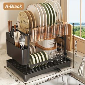 TEMU 1pc URLUNA 식기 건조대 주방 카운터, 분리 가능한 더 큰 용량 2단계 주방 정리 및 보관대 및 식기 홀더, 배수판 트레이, 컵 홀더 및 절단판 홀더, 흑백|식기건조대|식기건조기