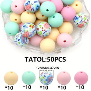 TEMU 50pcs 12/15mm 실리콘 단색 및 프린트 혼합 포커스 비즈 주얼리 만들기 DIY 수제 팔찌 목걸이 플라스틱 펜 스트링 키 가방 폰 체인 자동차 장식 공예 용품