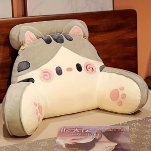 TEMU 세탁 가능한 커버가 있는 귀여운 고양이 모양의 플러시 독서 베개 - 부드러운 폴리에스터, 사무실, 침대, 소파용 전신 지지 - 사랑스러운 회색 & 흰색 디자인과 핑크 악센트, 귀여운 베개|베개커버|쇼파침대