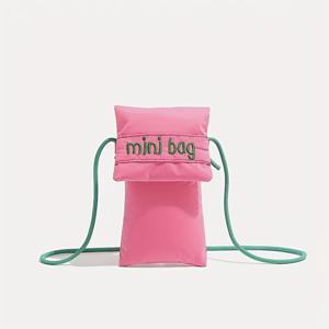 TEMU 1개 미니 자수 소녀용 크로스바디 폰 가방 - 귀여운 네온 그린 나일론 숄더 퍼스 조절 가능한 핑크 스트랩, 부드러운 원단, 마그네틱 클로저, 일상 사용 및 학교 액세서리용 접이식 디자인 | 접이식 핸드백 | 부드러운 나일론 가방, 폰 파우치