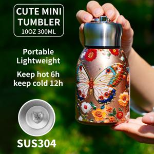 TEMU 1pc 300ml/10oz 스테인리스 스틸 보온 보냉 물병, 미니 진공 컵 포함 - 생동감 있는 나비 및 꽃 디자인, 뜨거운/냉한 음료를 수 시간 동안 유지, 휴대용 여행용 물병, 체육관, 하이킹, 야외 활동용 - 생일, 크리스마스, 부활절, 데이, 하이킹 필수품, 야외 수분 보충, 휴일 선물 아이템, 내구성 있는 음료 용기