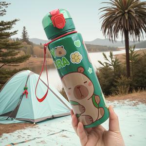 TEMU 1개 700ml 귀여운 카툰 카피바라 보온 물병, 누수 방지 플립 뚜껑 및 휴대용 스트랩 포함, 야외 캠핑 학교 사무실용 내구성 있는 PC 소재, 생일 졸업 어머니의 날 선물