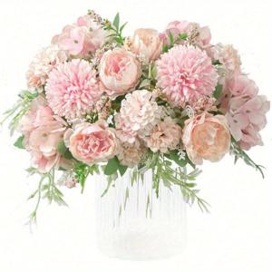 TEMU 2개 리얼리스틱 피오니 & 수국 인공 꽃다발 - 핑크, 화이트, 베이지 & 그린 카네이션과 잎사귀로의 웨딩, 홈 데코, 센터피스, UV 저항성 플라스틱 꽃, 센터피스 꽃 | 세련된 장식 | 시대를 초월한