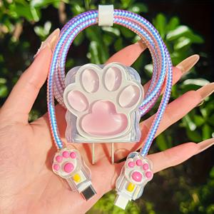 TEMU 고양이 발 디자인 5개 짜리 충전기 보호 세트, iPhone용 TPU 충전 케이블 보호기, 케이블 정리기 포함, 끊어짐 방지, 18/20W 고속 충전 어댑터와 호환, 커플용 선물로 적합