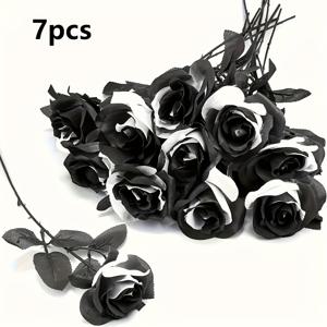 TEMU 우아한 7피스 블랙 & 화이트 장식 장미 세트 - 데이, 결혼식, 그리고 휴일 장식에 완벽함 | 집, 정원, 파티 센터피스, 크리스마스 장식용 리얼리스틱 인조 꽃