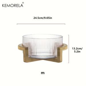 TEMU KEMORELA 줄무늬 유리 샐러드 & 과일 그릇, 나무 스탠드 포함 - 스크래치 방지, 거실용 라운드 디저트 디스플레이, 오후의 차, 셀프 서비스 분지, 아이스 과일 접시, KEMORELA