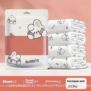 TEMU 일회용 침구 세트 호텔 & 여행용 - 경량 폴리에스터 혼방 논웨븐 원단, 카툰 패턴 4피스 세트 (침대 시트 + 이불 커버 + 베개커버)
