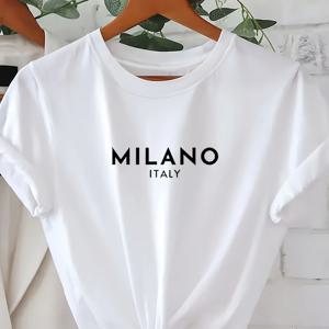 TEMU 플러스 사이즈 MILANO 프린트 티셔츠, 봄 & 여름용 캐주얼 크루넥 반팔 탑, 여성용 플러스 사이즈 의류