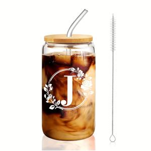 TEMU 1개 알파벳 컵 (A-Z) - 대나무 뚜껑 & 빨대 포함, 우아한 플로럴 패턴, 500ml/16.9oz 유리 텀블러, 커피·버블티·주스용, 사무실·가정·생일·크리스마스·웨딩·파티 선물, 여성·남성·신부·손님에게 이상적인 선물, 재사용 가능한 보온 머그컵, 결혼식 파티 용품, 스타일리시 유리잔, 손세척 전용, 보온 머그, 웨딩 기념품