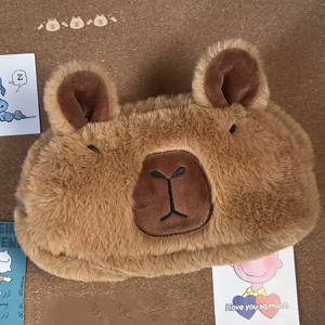 TEMU 1개 카피바라 플러시 펜슬 케이스 - 대용량 소프트 브라운 문구 정리함, 귀여운 얼굴 디자인 휴대용 메이크업 파우치, 학교·사무실·여행용 완벽한 메이크업 보관함 | 포터블 오거나이저 | 디테일, 사랑스러운 필통