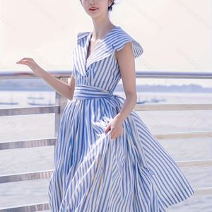 TEMU 여성용 빈티지 네이비 블루 & 화이트 민소매 드레스 - 우아한 A라인 원숄더/오프숄더 넥라인, 조절 가능한 허리벨트와 플로우 플레어 스커트, 비치웨어, 가든 파티, 캐주얼 아웃팅, 세련된 디자인, 쉬운 관리 소재|여름원피스|여성원피스|나시원피스