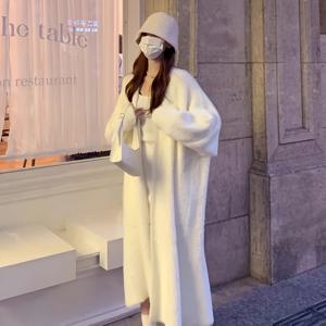 TEMU 화이트 플리스 가디건 미드길이 루즈 캐주얼 아우터웨어 여성용 가을 겨울 목욕가운 코트|샤워가운