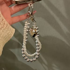 TEMU 차가운 심플한 모조 진주 더블 체인 러브 폰 체인, 폰 케이스에 적합한 유니버설 행잉 체인 카메라 체인