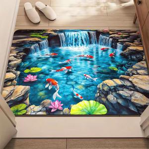 TEMU 1pc Koi Pond Carp Door Mat - 미끄럼 방지, 흡수성 마이크로파이버 폴리에스터 러그, 생동감 있는 워터폴 & Koi 디자인, 욕실, 침실, 거실용으로 기계 세탁 가능