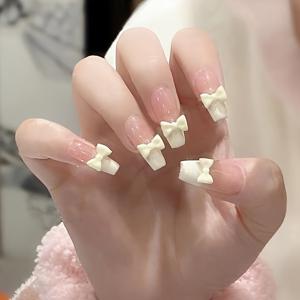 TEMU 24pcs 프랑스 알몬드 핑크 & 화이트 컬러블록 진주로 장식한 발레 네일 세트, 중간 길이, 3D 리본 액센트, 여성 및 소녀용 분리 가능한 풀 커버 네일 키트 | 신부 네일 | 웨딩 네일