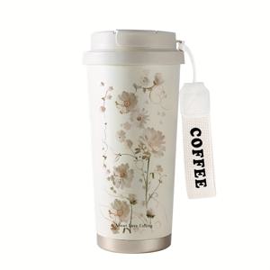 TEMU 530ml/17.7oz 우아한 플로럴 보온 머그컵 - 이중벽 방수 뚜껑 & 휴대용 손잡이, 베이지/화이트 데이지 패턴 여행용 커피잔, 뜨겁거나 차가운 음료 보관 가능 (사무실, 체육관, 캠핑, 여성/남성 선물 추천) - 발렌타인데이, 어버이날, 교사 감사 선물 - 몇 시간 동안 온도 유지