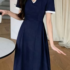 TEMU 여성용 우아한 해군 파란색 미디 드레스 - 칼라, 짧은 소매, 허리 cinched, 유연한 디자인, 캐주얼 또는 공식적인 기회에 완벽함, 올 시즌 의상 | 유연한 미디 드레스 | 비투명 재질