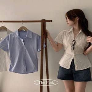 [허리핏조절/긱시크] 래모 루즈핏 스트라이프 버튼 반팔 셔츠 (3color)