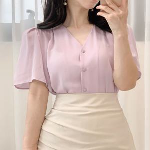 [인생블라????] 이나프 팔뚝커버 하객룩 반팔 셔링 날개 브이넥 면접 오피스룩 블라우스