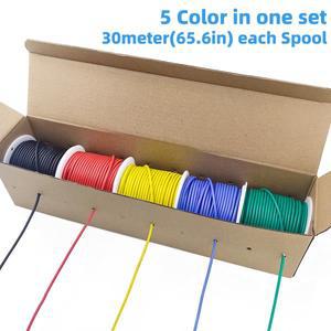 22 AWG Stranded Silicone Electric Wire Gauge Tinned Copper Flexible Hookup Kit 5 Colors 98.4ft/30m E