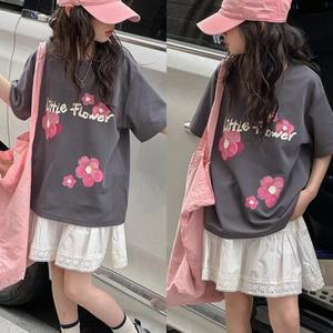 삐삐네옷가게 여아 주니어 리틀 플라워 차콜 반팔 티셔츠