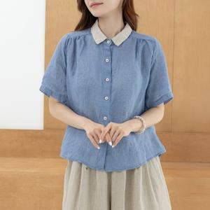 [디얼마미] 배색 카라 린넨 블라우스  마담 미시 중년 여성 빅사이즈 40대 50대