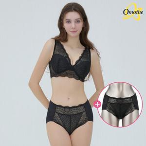 [1세트+팬티추가증정] 오모떼 이지업 물결 레이스 브라렛 브라팬티 3종 세트/블랙