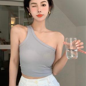 뷔스티에 배꼽티 민소매 티셔츠 언밸런스 패드 슬리브리스 여 아우터