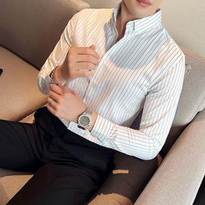 남성셔츠 봄가을 고급 텍스쳐 스트라이프 비즈니스 링클프리 긴팔 셔츠 심쿵빛
