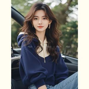 여자 야구점퍼 블루 컬러 반 집업 후드 아우터 가을 스타일 dom3