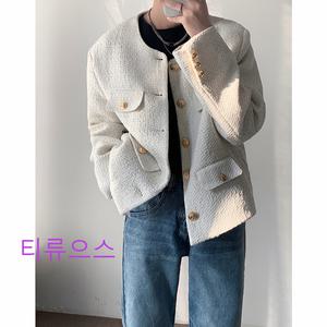 봄 가을 남자 트위드 자켓 노카라 골드 버튼 오버핏  할인 티류으스