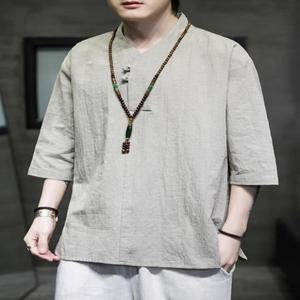 티류으스 중국풍 빈티지 캐주얼 남성 티셔츠 빅사이즈 트렌드 캐주얼한복 면마 5부