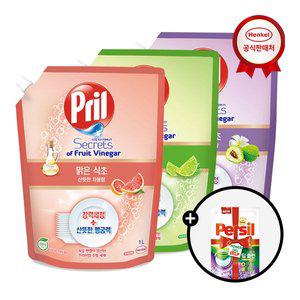 주방세제 맑은식초 (자몽향+라임향+리치향) 1000ml 리필 3종+퍼실 라벤더 300ml 프릴