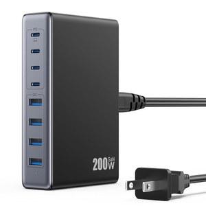 200W USB C 충전기 블록 GAN IV 충전 스테이션 8포트 QC4.0 고속 허브 + PD 65W 노트북 어댑터 MACBOOK AIR /PRO DELL IPHONE 16 /15 IPAD STEAM 데크 - 블랙 호환