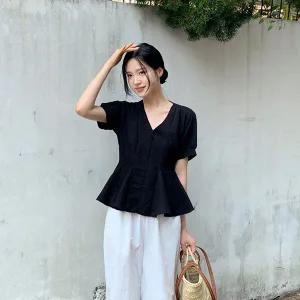 (체형보정핏/다양한코디템) 네이라 브이넥 스트랩 페플럼 반팔 블라우스 bs8331
