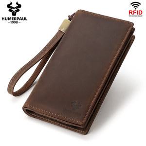 HUMERPAUL 천연 가죽 남성 롱 클러치 지갑 휴대폰 포켓 RFID 차단 카드 홀더 대용량 보관 가방