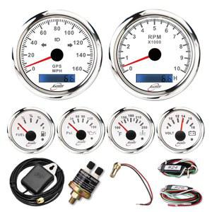 EaJ RACETECH 6 게이지 계기판 85mm GPS 속도계 160MPH 표시기 및 타코미터 10000 RPM 간단한 52mm 연료유 수온계 화이트 다이얼 7색 필터 12V/24V 자동차 및 해양용