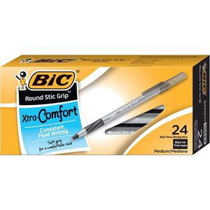 BIC Round Stic Grip 엑스트라 컴포트 볼펜 미디엄 포인트 1.2mm 블랙 24개 소프트 그립 플루이드 라이팅