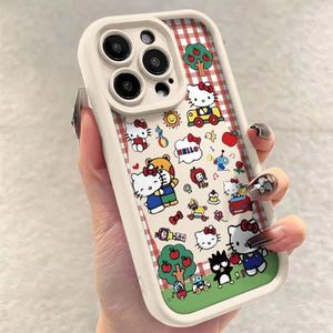 일본 빨간색 체크 무늬 헬로 키티 케이스 iPhone 16 Pro Max 11 12 13 14 15 Pro Xs Max 7 8 16 Plus KT Ca