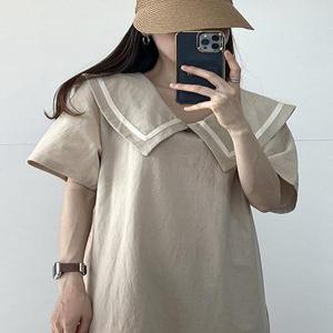 [끌림샵] 린넨 브이넥 빅카라 세일러 반팔 맥시 롱 원피스 (2color)