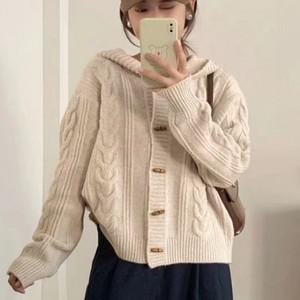 캐쥬얼 꽈배기 니트 후드 가디건 떡뽁이 단추 포인트 데일리룩 가을 겨울 아우터