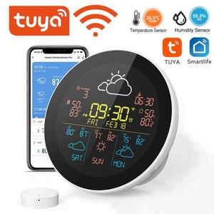 Tuya WiFi 날씨 시계 3일 일기 예보 기상 관측소 무선 스마트 온도계 습도계 원격 게이지 알람